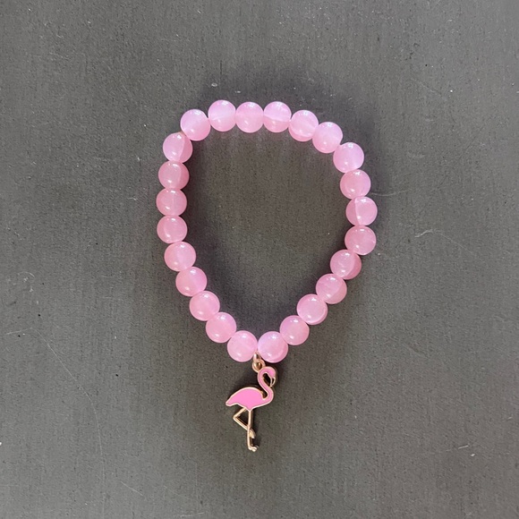 Flamingo Metal Enamel Charm Hot Light Pink Stone Bead Stretch Stackable Bracelet - Picture 3 of 3